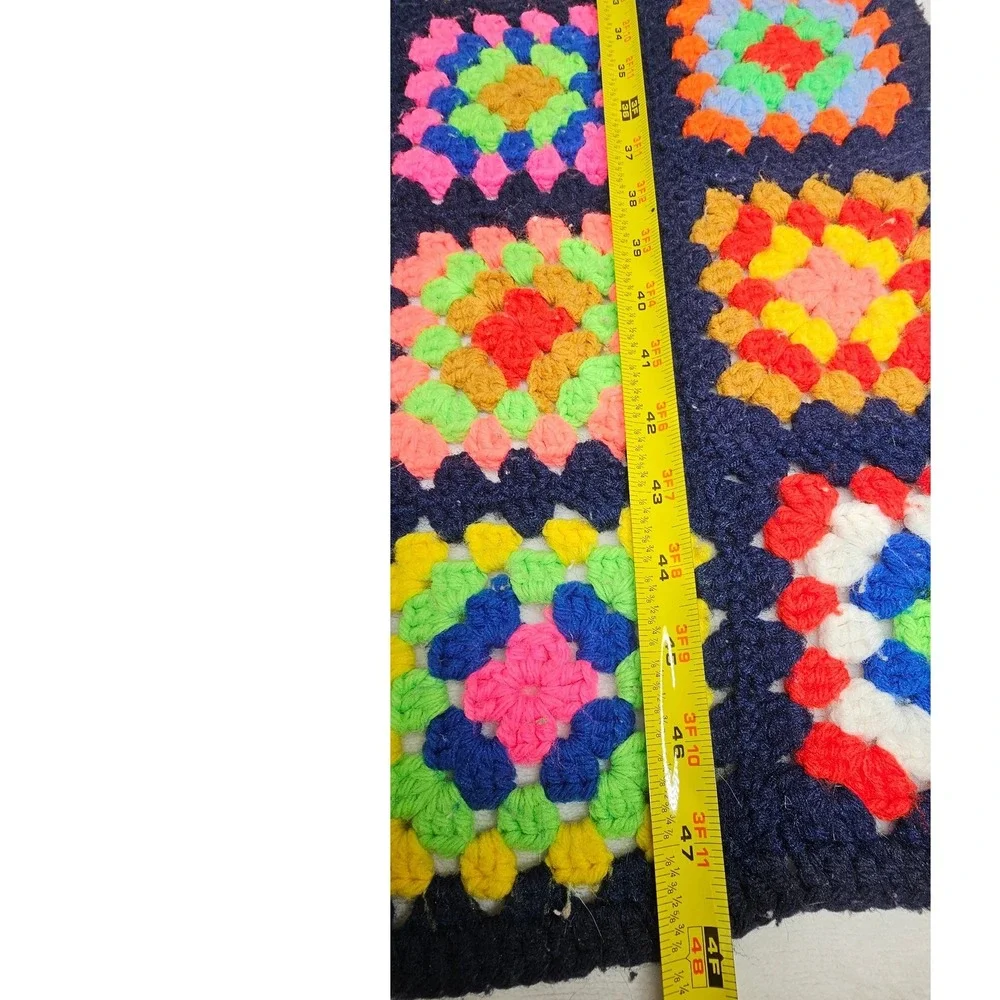 Crochet Granny Square Blanket 48x46 Navy Neon Boho Handmade Throw